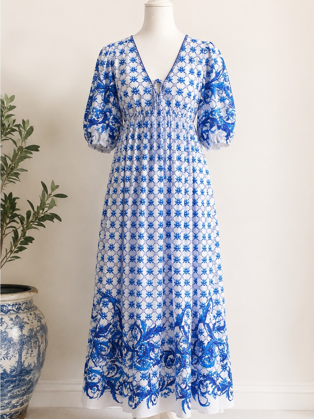 Farmers Market • Blue & White Cotton Mediterranean Print Dress • Sz S